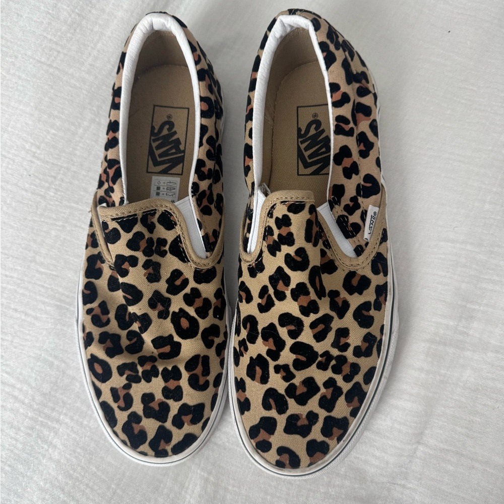 Vans Tan and Black Leopard Slip-Ons